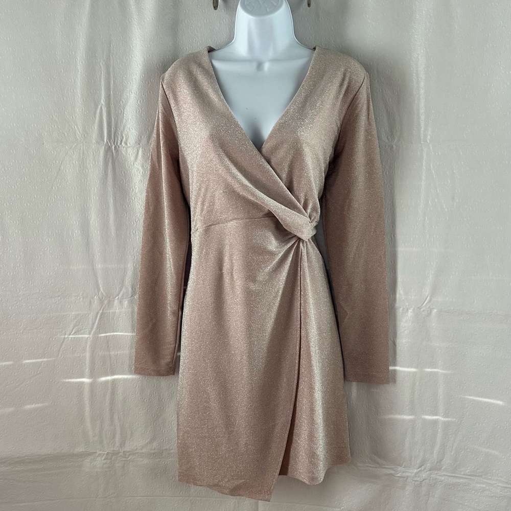 Women’s Elegant Serra Blush Pink Sparkly Glitter Faux Wrap Dress Size M